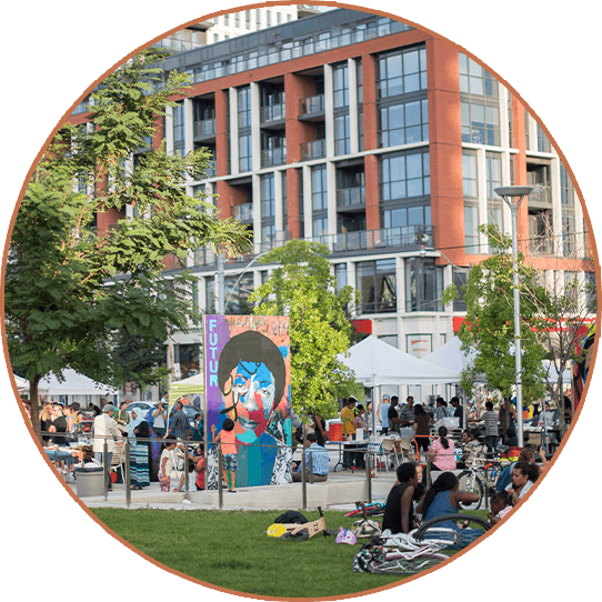 Block party at a building in Regent Park