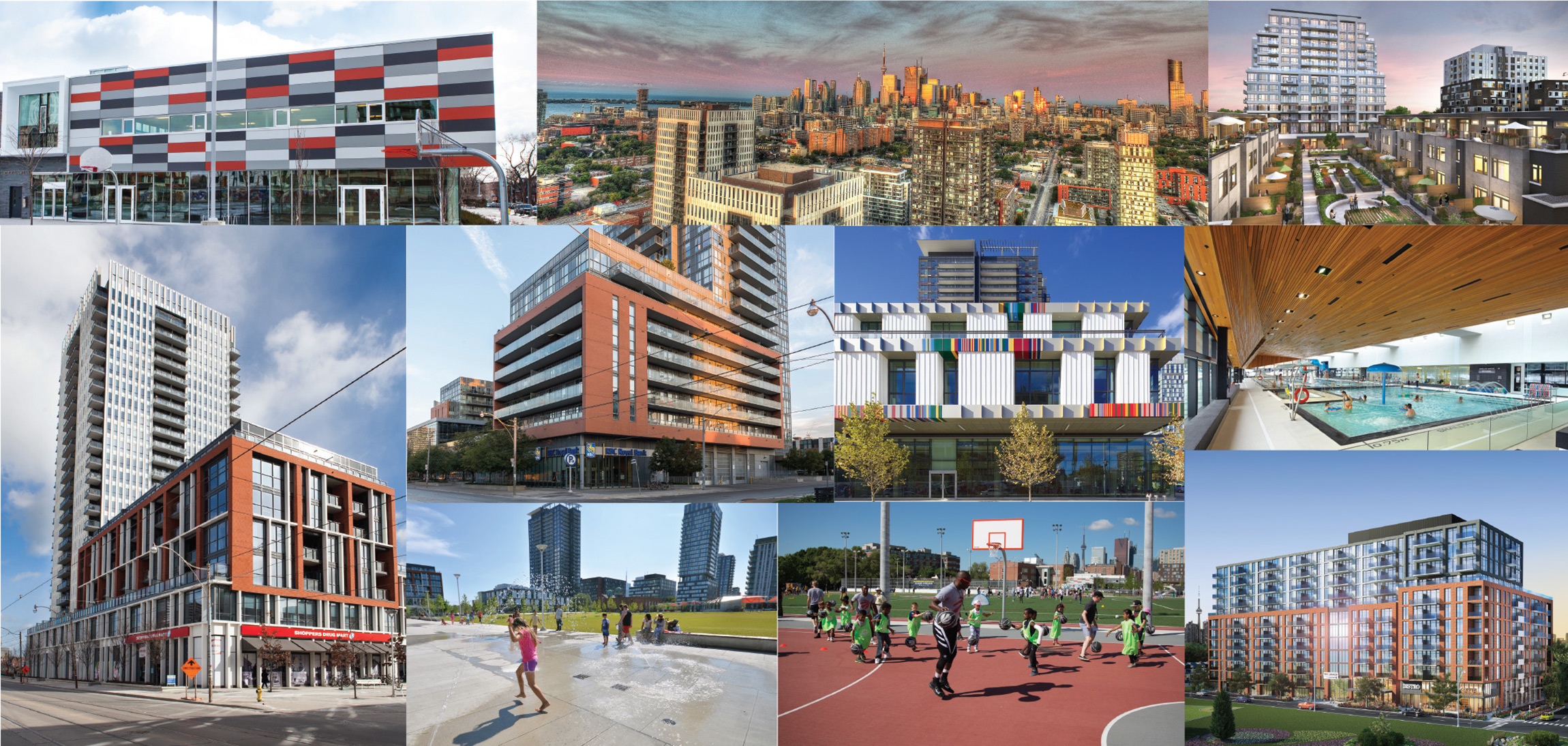 A collage of images from Regent Park. Includes the Aquatic Centre, Regent Park Community Centre, kids playing basketball, Daniels Spectrum, kids playing in a fountain