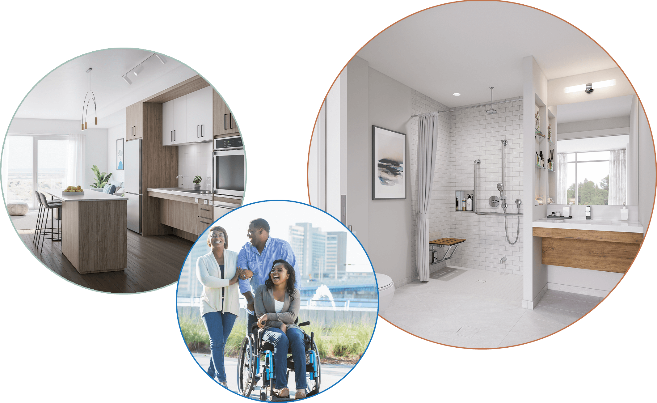 Two images of an accessible bathroom and living room. One image of a girl in a wheelchair being pushed by her parents.