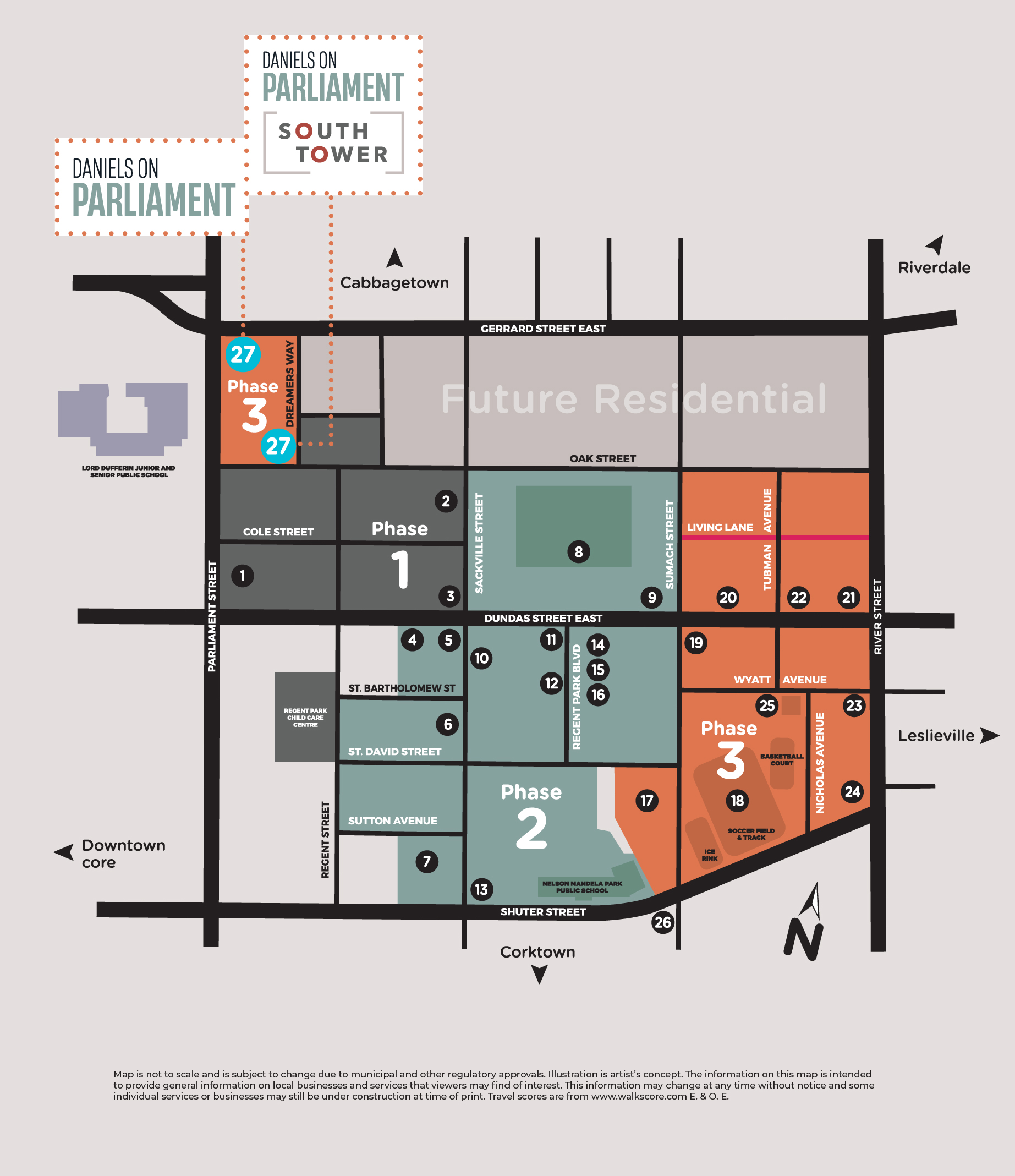 Daniels on Parliament Revitalization Map. Shows different locations in the Regent Park Neighbourhood.